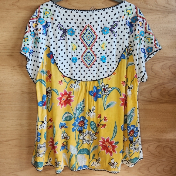 JOHN MARK EMBROIDERED SHORT SLEEVE COLORFUL PEASANT TOP BLOUSE TASSLE TIE MEDIUM - Picture 5 of 7